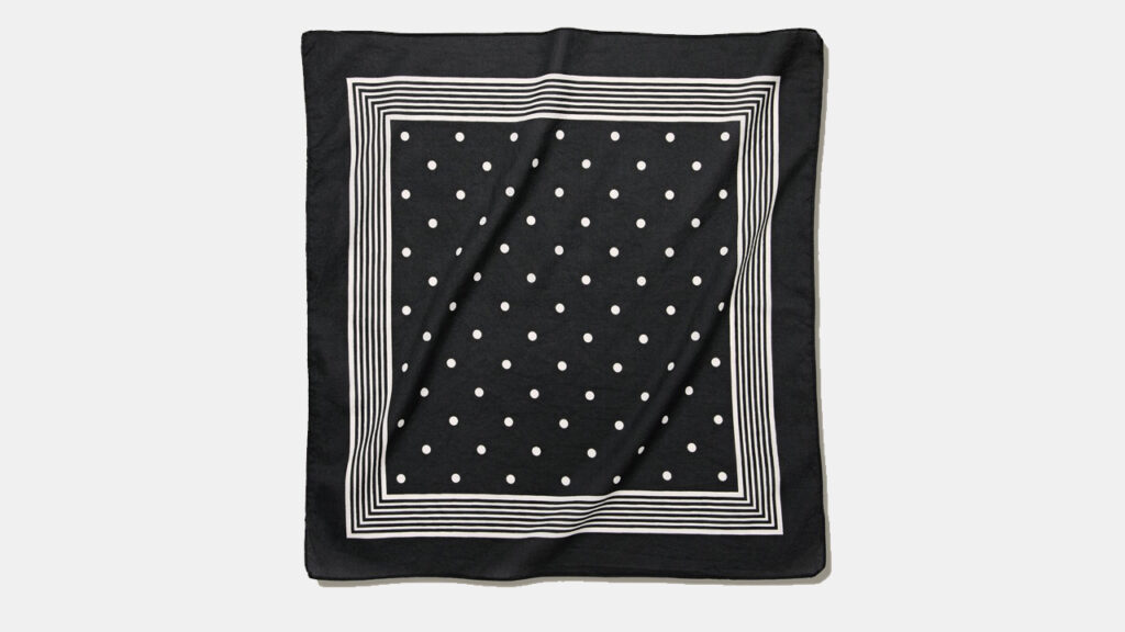 black square cotton bandana with a square printed border and dot motif in white