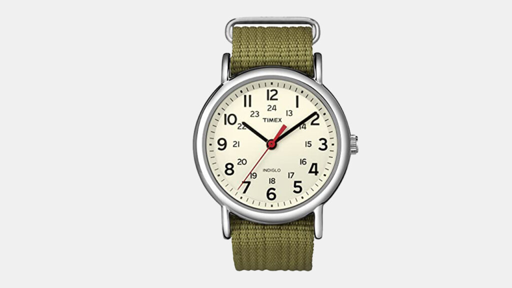 timex weekender military watch with olive green fabric strap