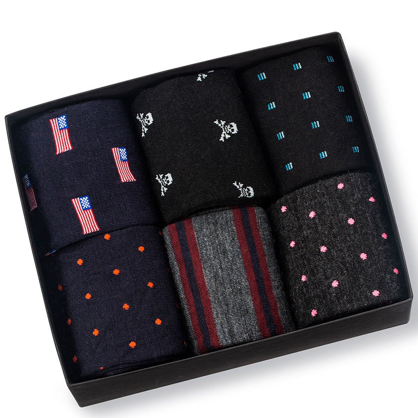 gift box filled with six pairs of colorful patterned dress socks for men