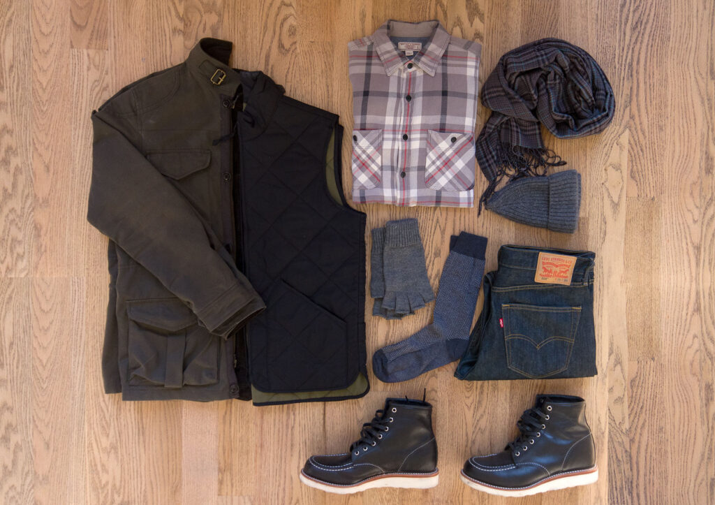 flatlay image of fall and winter appropriate mens clothing