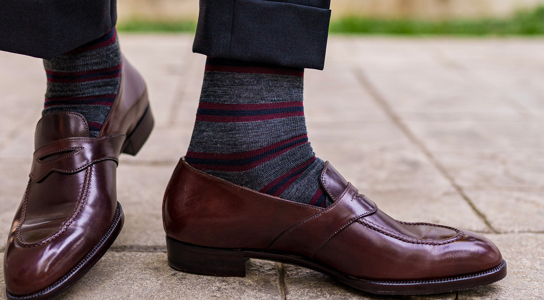 grey merino wool dress socks with burgundy and navy stripes