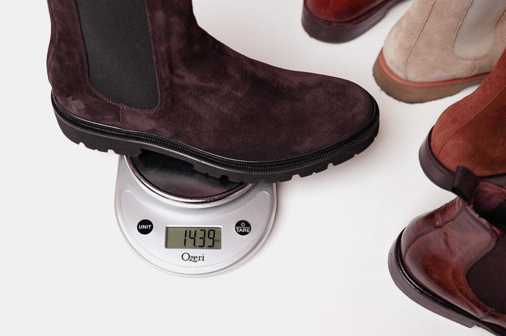 koio brown chelsea boot weighing on scale