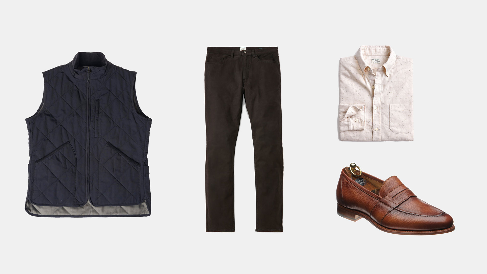 navy quilted vest with charcoal chinos cream flecked button up and tan loafers
