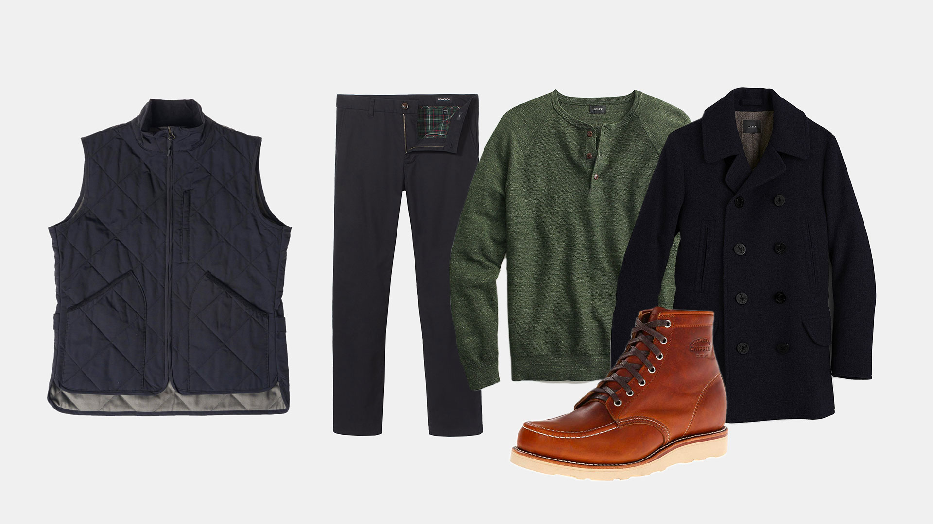 navy quilted vest flannel lined gray chinos green henley sweater navy pea coat and tan moc toe boots