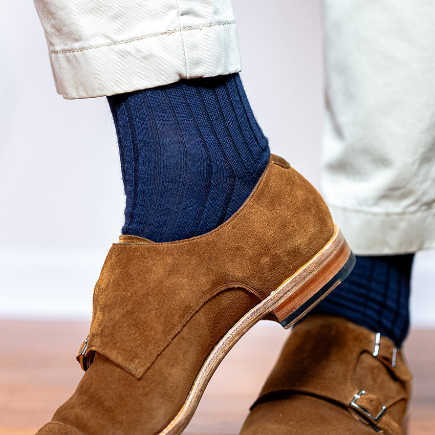 navy dress socks with khakis and suede monkstrap shoes