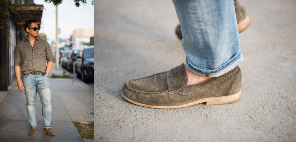 Grey suede penny loafers and light wash denim with a linen shirt, loafers with no show socks