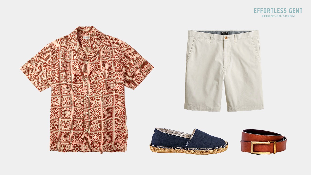 outfit flatlay with red pattern shirt off white shorts navy espadrilles and tan belt