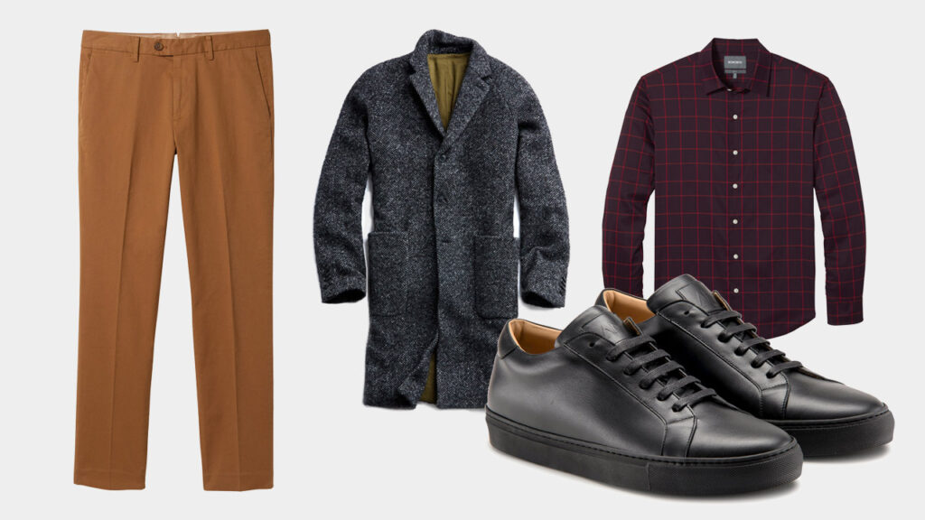 smart sharp casual outfit with Ace Marks black dress sneakers, caramel dark khaki chinos, charcoal gray overcoat, burgundy overcheck shirt