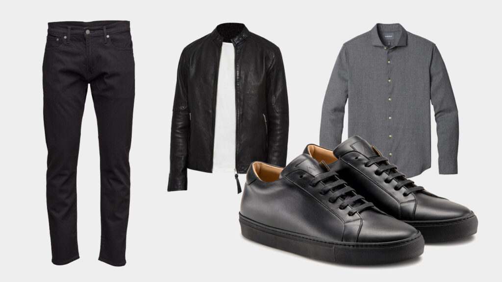 smart sharp casual outfit with Ace Marks black dress sneakers, black jeans, black leather jacket, and grey button down shirt
